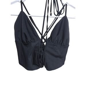Emory Park Crop Top Womens Size Medium Halter Spag Strap Black Corset Front (969
